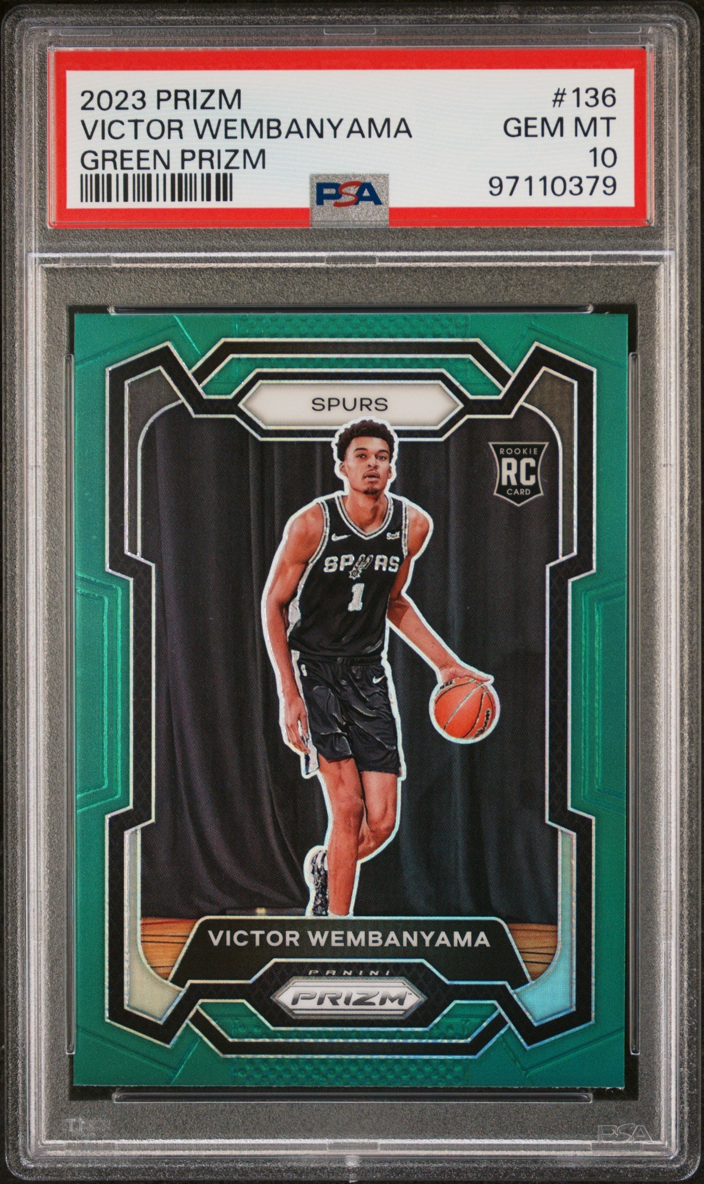 Victor Wembanyama 2023 Panini Prizm Rookie card with green border and dribbling player