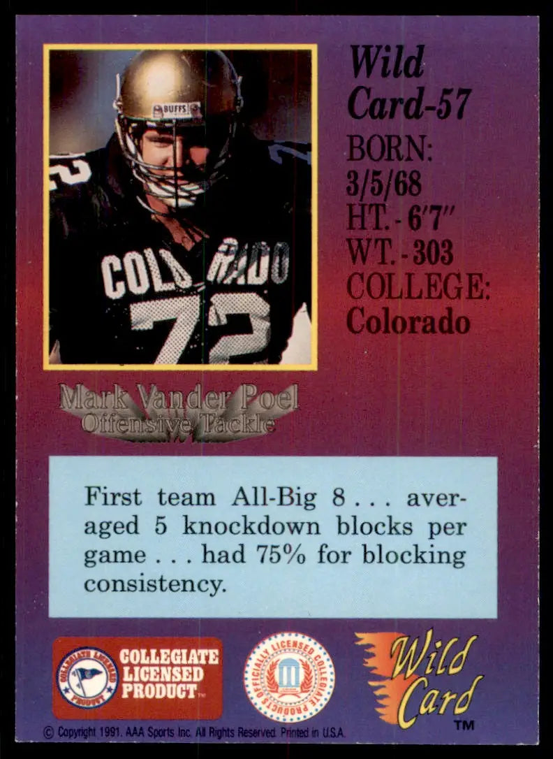 1991 Wild Card Draft Mark Vander Poel Rookie Colorado Buffaloes #57