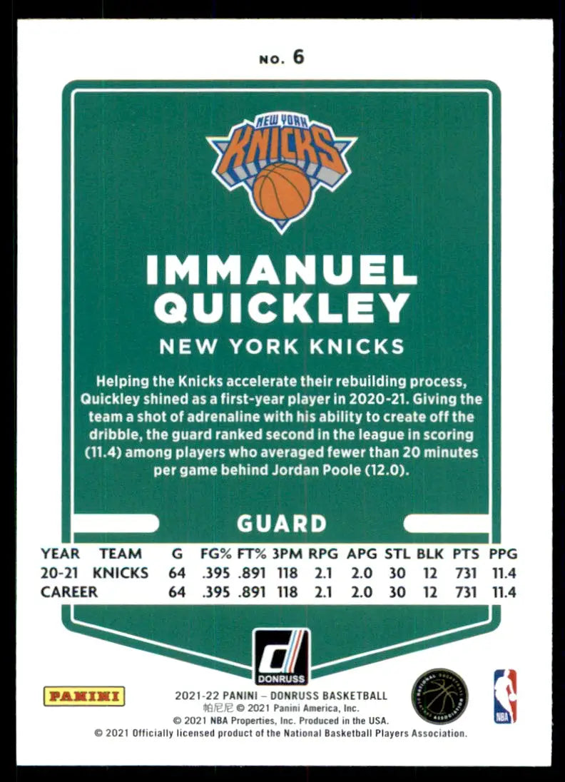 2021-22 Panini Donruss Immanuel Quickley New York Knicks #6