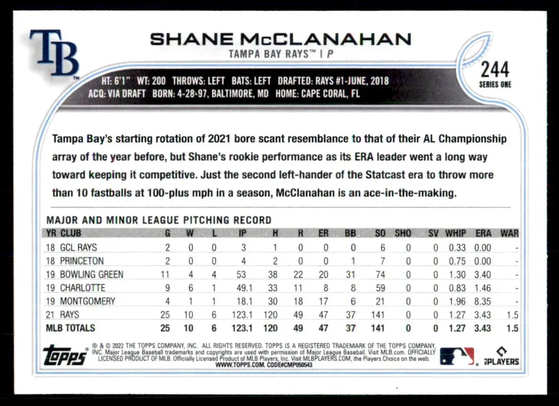 2022 Topps Future Stars Shane McClanahan Tampa Bay Rays #244