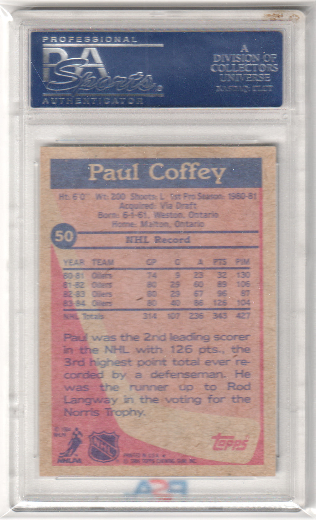 PAUL COFFEY 1984-85 Topps #50 PSA 9 MINT - OILERS