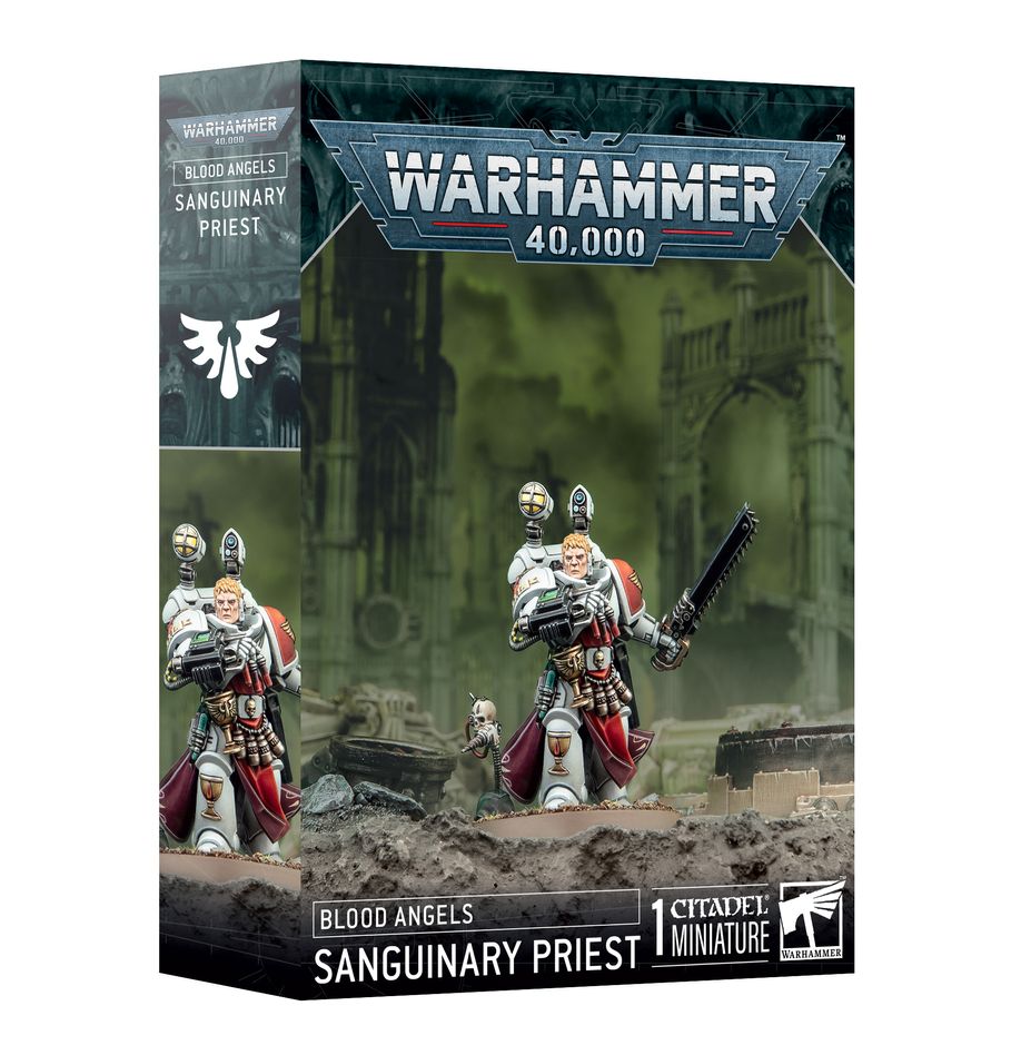 Blood Angels Sanguinary Priest miniature model box for Warhammer 40k trading cards