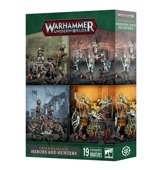 Warhammer Underworlds Heroes and Hunters box set with 19 combat figures and warscroll cards