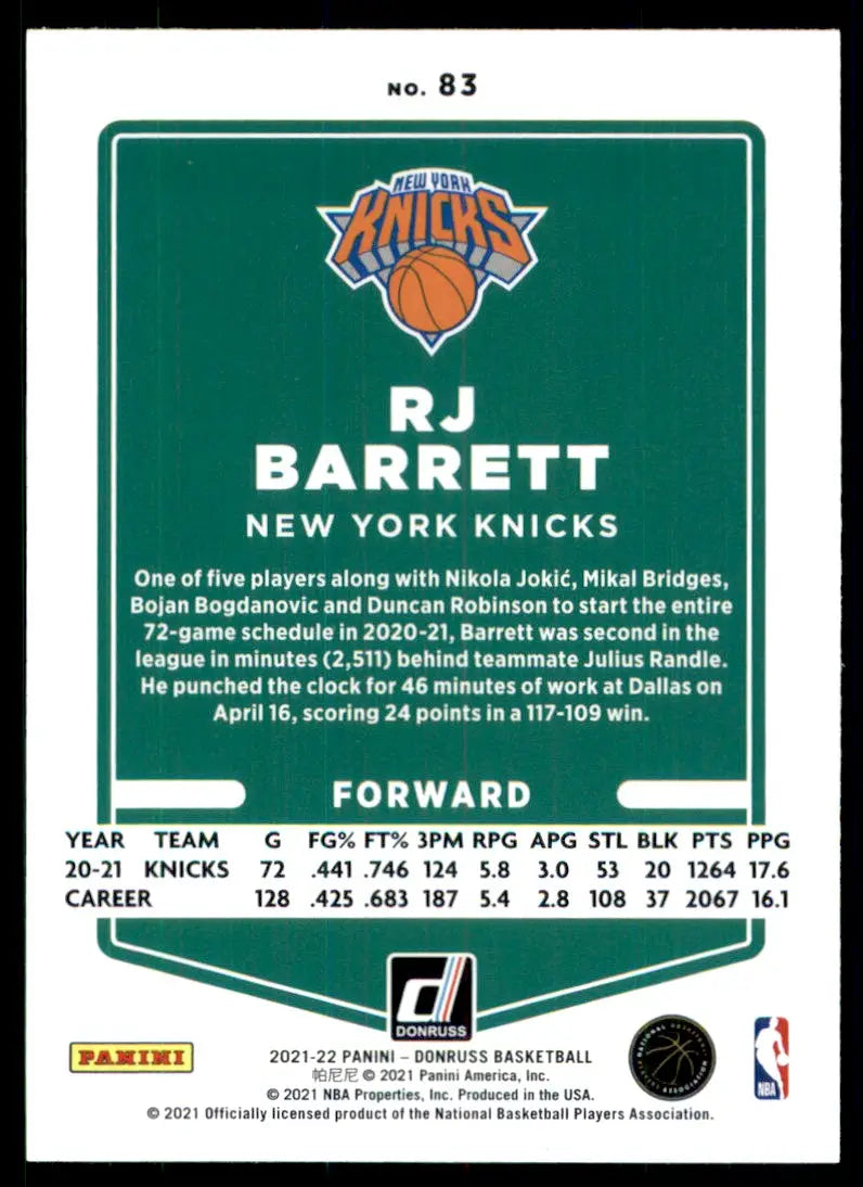 2021-22 Panini Donruss RJ Barrett Orange Laser Parallel New York Knicks #83