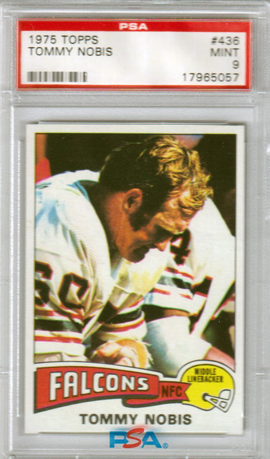 PSA-graded 1975 Topps Tommy Nobis football card featuring Atlanta Falcons in white uniform