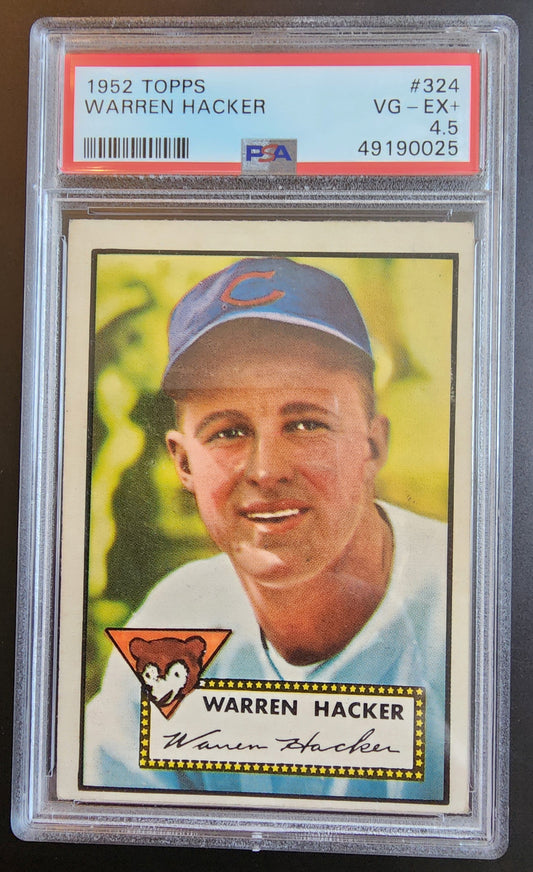 PSA-graded Warren Hacker 1952 Topps #324 baseball card with blue cap on yellow background