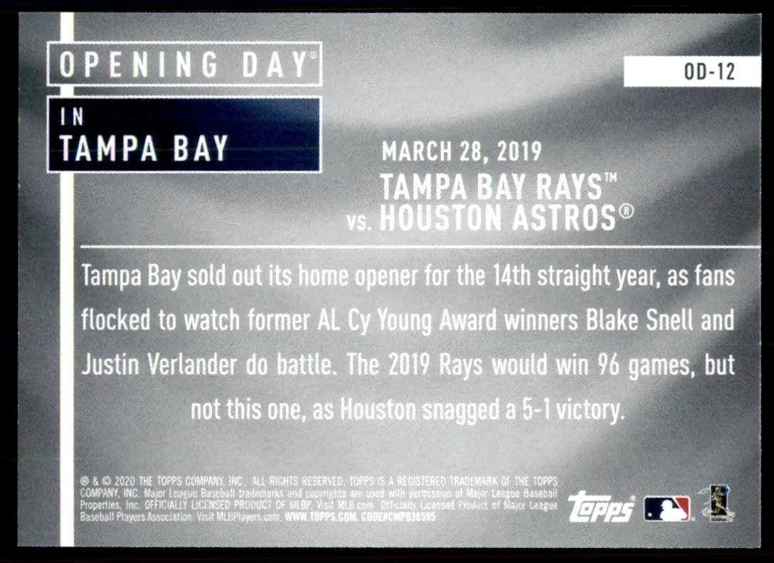 2020 Topps Opening Day Tampa Bay Rays Insert Tampa Bay Rays #OD-12