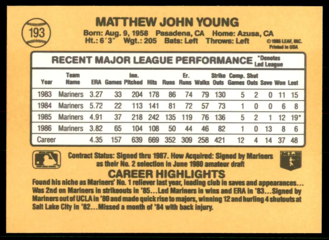 1987 Donruss Matt Young Seattle Mariners #193