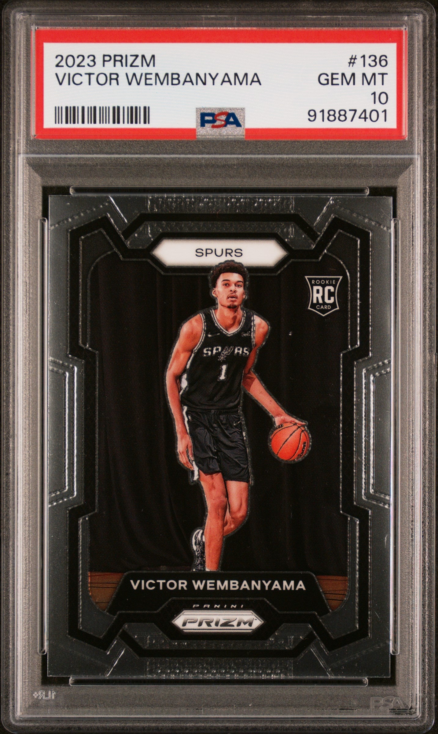 Victor Wembanyama 2023 Panini Prizm rookie card in Gem Mint condition dribbling the ball