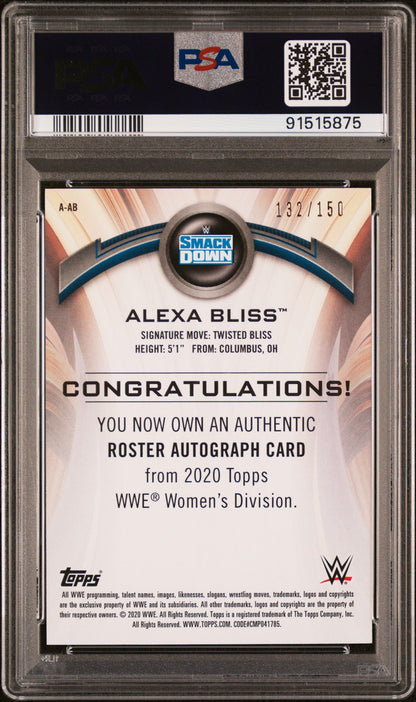 PSA-graded Alexa Bliss 2020 Topps WWE Pink Auto card #132/150 in Mint condition