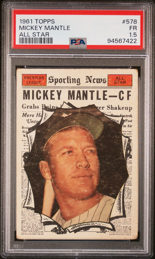 1961 Topps Mickey Mantle baseball card in PSA 1.5 Fair protective case trading cards