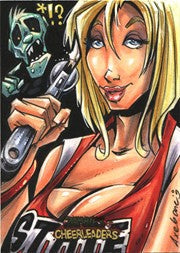 Stylized illustration of a blonde woman in red holding a gun for Michael Axebone Potter’s sketch card