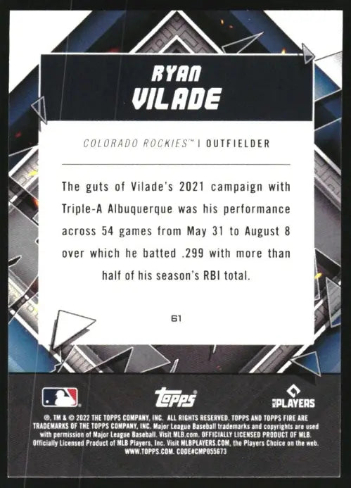 2022 Topps Fire Gold Minted #61 Ryan Vilade Rookie Colorado Rockies Baseball NM