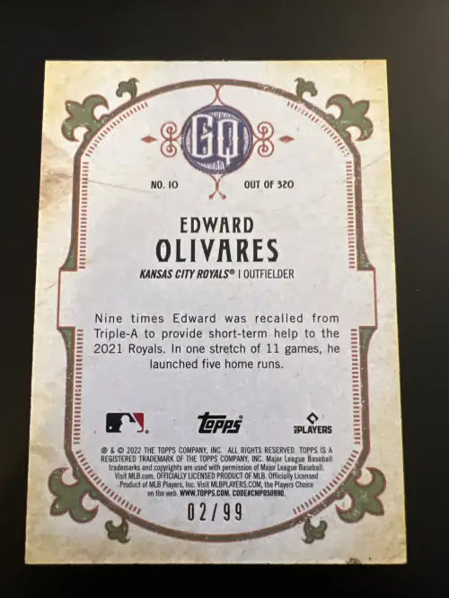 2022 Topps Gypsy Queen Sepia #10 Edward Olivares /99 Kansas City Royals NM-MT