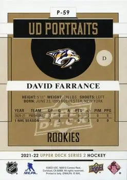 2021-22 Upper Deck Portraits #P59 David Farrance Rookie Predators NHL Card NM-MT