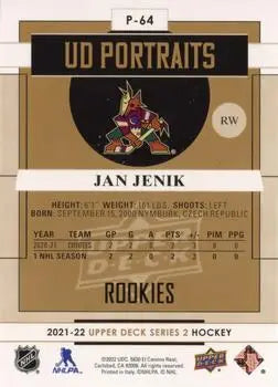 2021-22 Upper Deck Portraits #P64 Jan Jenik Rookie Arizona Coyotes NHL NM-MT