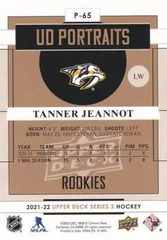 2021-22 Upper Deck Portraits #P65 Tanner Jeannot Rookie Predators NHL Card NM-MT