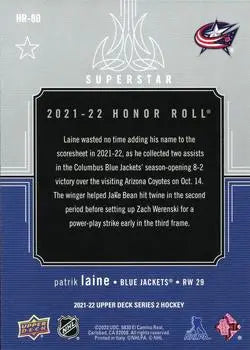 2021-22 Upper Deck Honor Roll #HR80 Patrik Laine Columbus Blue Jackets NHL NM-MT