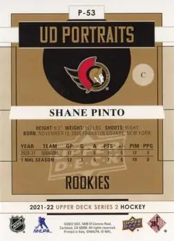 2021-22 Upper Deck Portraits #P53 Shane Pinto Rookie Ottawa Senators NHL NM-MT