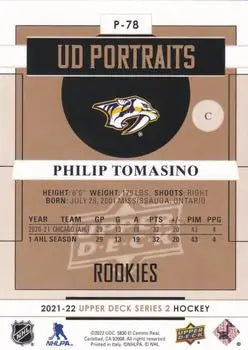 2021-22 Upper Deck Portraits #P78 Philip Tomasino Rookie Predators NHL NM-MT