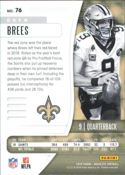 2019 Absolute #76 Drew Brees New Orleans Saints NFL Football Card NM-MT