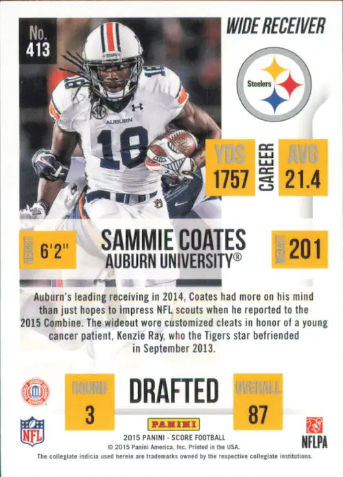 2015 Score #413 Sammie Coates Rookie Pittsburgh Steelers NFL Football Card NM-MT