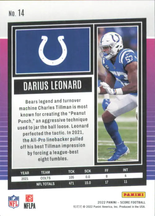 2022 Score Scorecard #14 Darius Leonard Indianapolis Colts NFL Football NM-MT