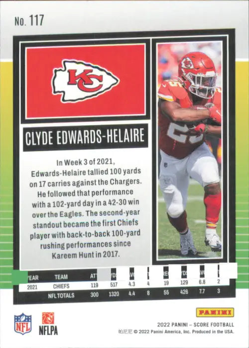 2022 Score Scorecard #117 Clyde Edwards-Helaire Kansas City Chiefs NFL NM-MT