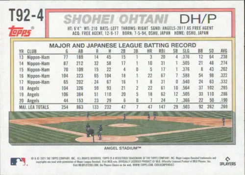 2021 Topps Update ’92 Topps Redux #T924 Shohei Ohtani Los Angeles Angels NM-MT