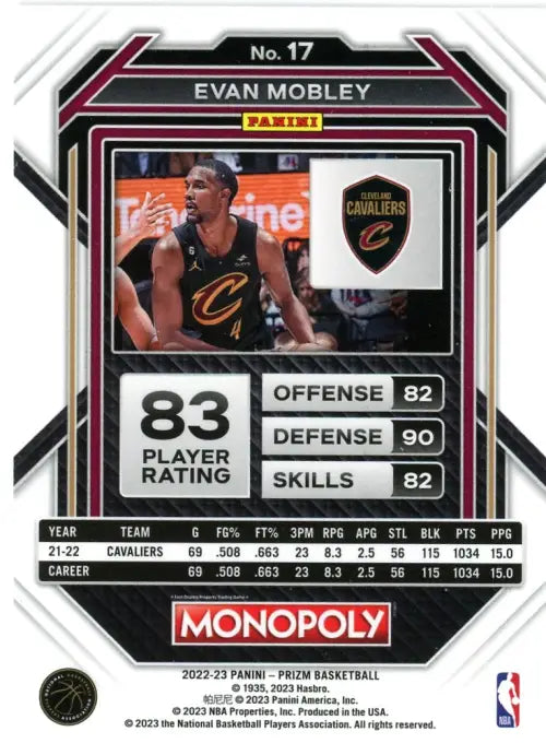 2022-23 Panini Prizm Monopoly #17 Evan Mobley Cleveland Cavaliers NBA Card NM-MT