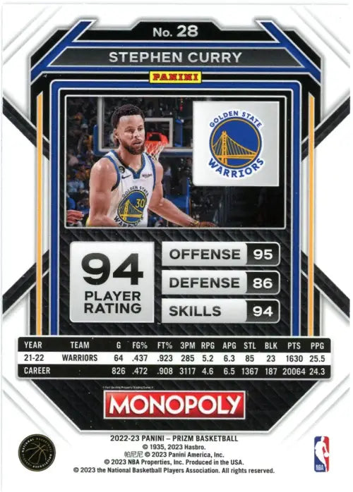 2022-23 Panini Prizm Monopoly #28 Stephen Curry Golden State Warriors NBA NM-MT