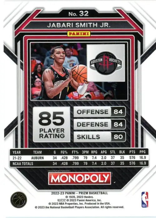 2022-23 Panini Prizm Monopoly #32 Jabari Smith Jr. Rookie Houston Rockets NM-MT