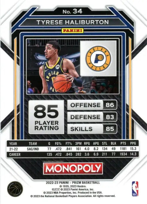 2022-23 Panini Prizm Monopoly #34 Tyrese Haliburton Indiana Pacers NBA NM-MT