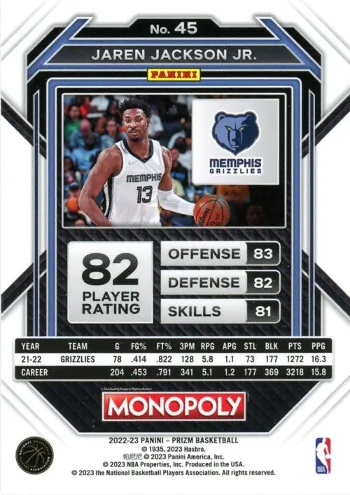 2022-23 Panini Prizm Monopoly #45 Jaren Jackson Jr. Memphis Grizzlies NBA NM-MT