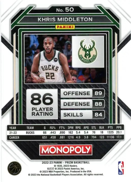 2022-23 Panini Prizm Monopoly #50 Khris Middleton Milwaukee Bucks NBA NM-MT