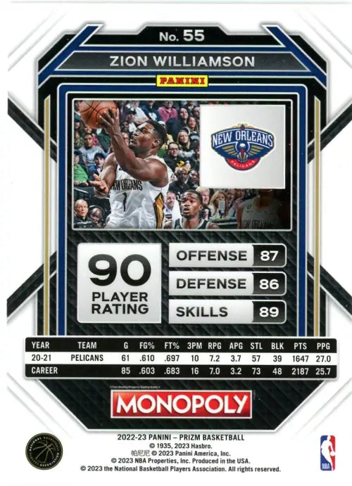 2022-23 Panini Prizm Monopoly #55 Zion Williamson New Orleans Pelicans NBA NM-MT