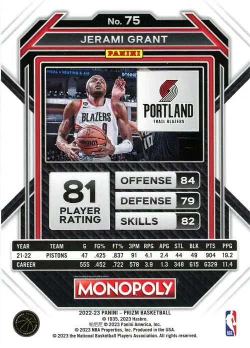 2022-23 Panini Prizm Monopoly #75 Jerami Grant Portland Trail Blazers NBA NM-MT