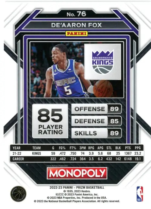 2022-23 Panini Prizm Monopoly #76 De’Aaron Fox Sacramento Kings Basketball NM-MT