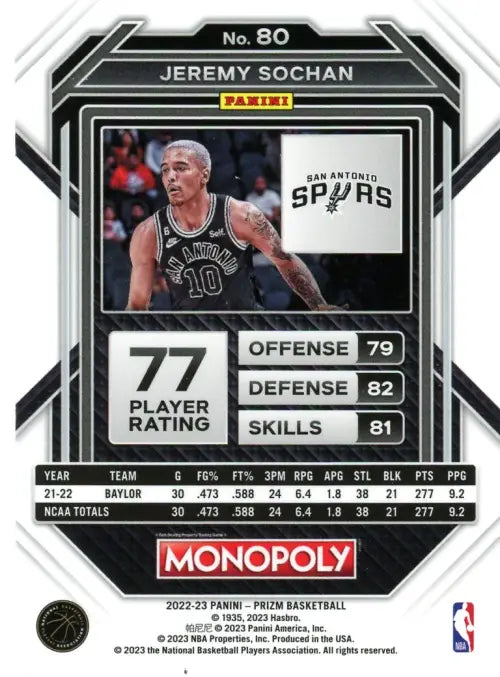 2022-23 Panini Prizm Monopoly #80 Jeremy Sochan Rookie San Antonio Spurs NM-MT