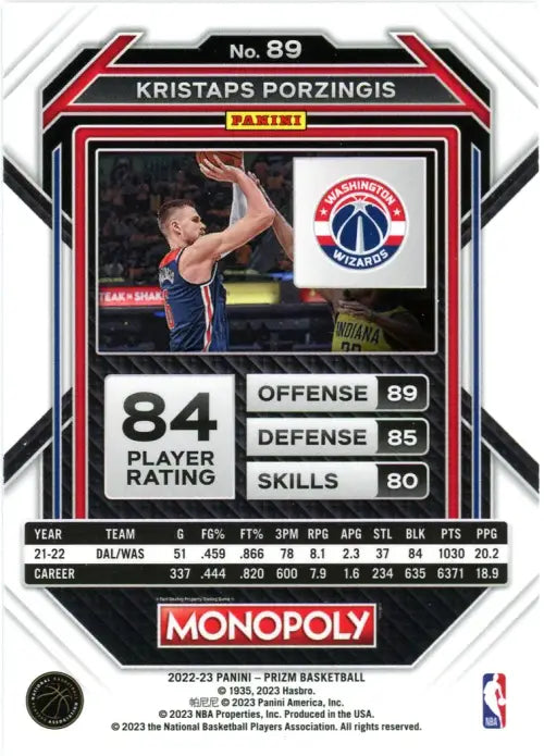 2022-23 Panini Prizm Monopoly #89 Kristaps Porzingis Washington Wizards NM-MT