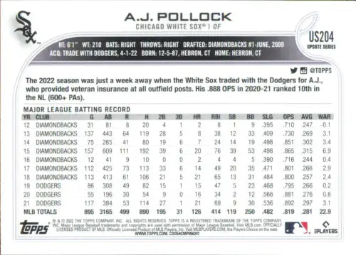 2022 Topps Update #US204 A.J. Pollock Chicago White Sox MLB Baseball Card NM-MT