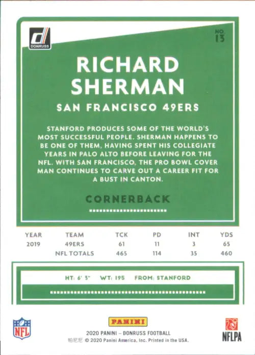 2020 Donruss Press Proof Red #13 Richard Sherman San Francisco 49ers NFL NM-MT