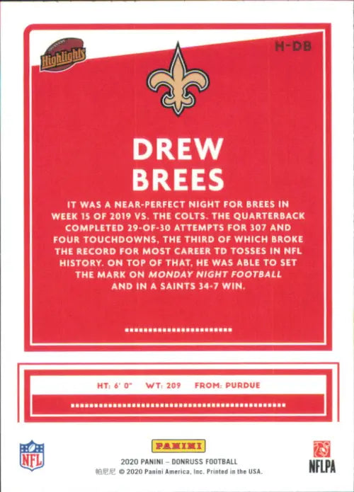 2020 Donruss Highlights #H-DB Drew Brees New Orleans Saints NFL Football NM-MT