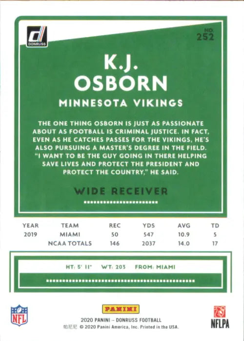 2020 Donruss #252 K.J. Osborn Rookie Minnesota Vikings Football NFL Card NM-MT