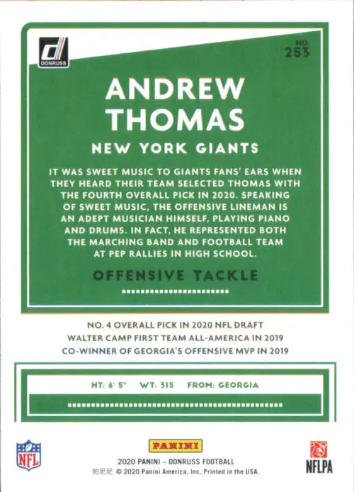 2020 Donruss #253 Andrew Thomas Rookie New York Giants Football NFL Card NM-MT