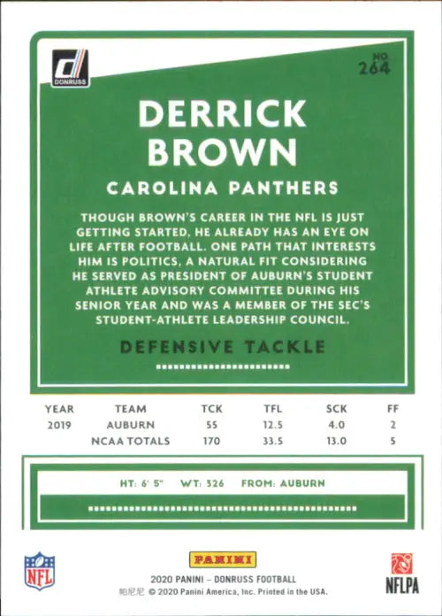 2020 Donruss #264 Derrick Brown Rookie Carolina Panthers Football NFL Card NM-MT