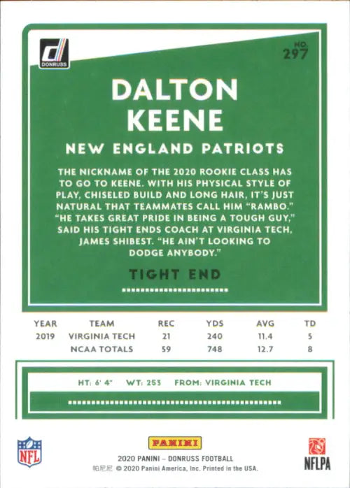 2020 Donruss #297 Dalton Keene Rookie New England Patriots Football NFL NM-MT