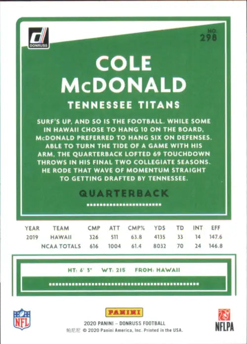 2020 Donruss #298 Cole McDonald Rookie Tennessee Titans Football NFL Card NM-MT