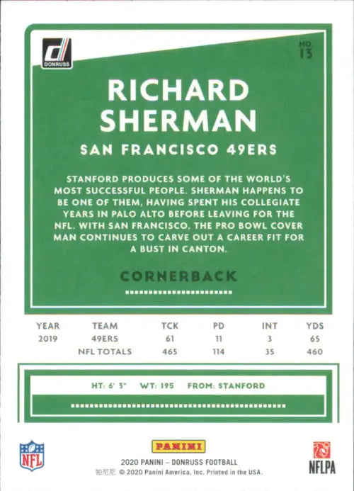 2020 Donruss #13 Richard Sherman San Francisco 49ers Football NFL Card NM-MT