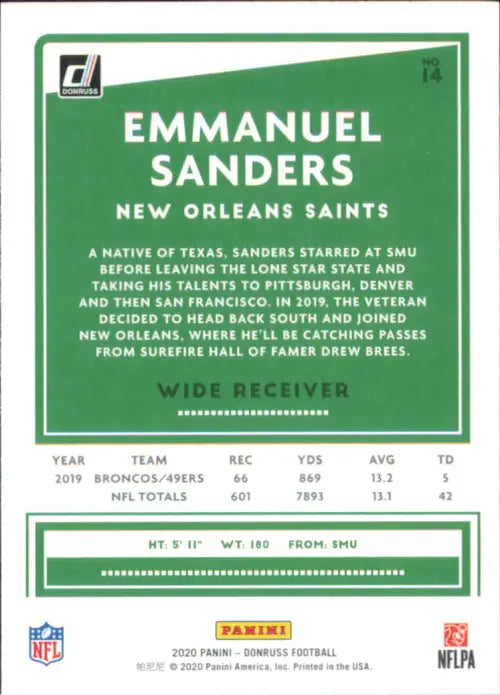 2020 Donruss #14 Emmanuel Sanders New Orleans Saints Football NFL Card NM-MT